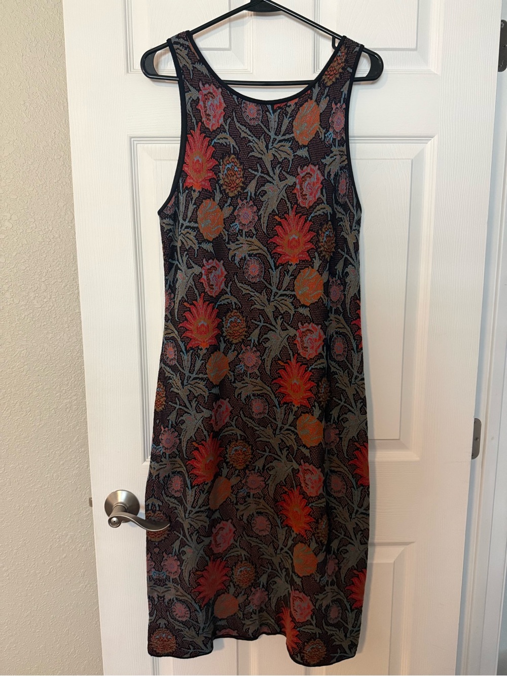 Peruvian Connection Black Midi Dress with Red & Orange Floral Jacquard
